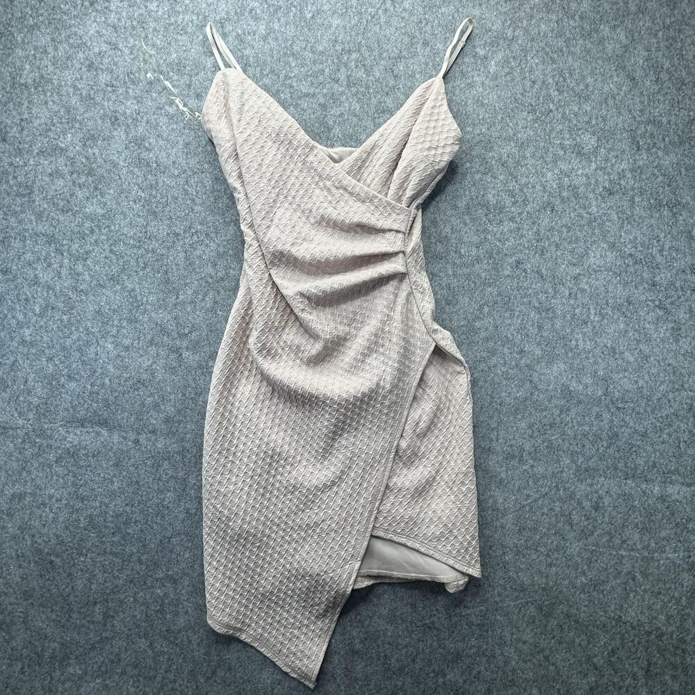 Honey And Rosie Dress Womens Small Beige Textured Wrap Bodycon Asymmetric Mini